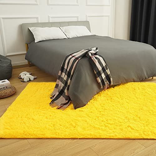 Amearea Premium Soft Fluffy Rug Modern Shag Carpet, 4x5.3 Feet, Fuzzy Shaggy Rugs for Bedroom Living Room Teen Apartment Decor, Comfortable Indoor Furry Dorm Carpets, Yellow