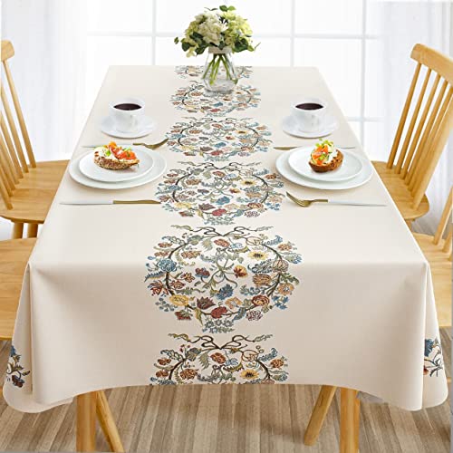 AIRCOWRIE Waterproof Vinyl Tablecloths, Heavy Duty Oil Proof Spill Proof Plastic Table Cloth, Wipe Clean PVC Table Cover for Spring Indoor and Outdoor Use (Embroidery Flower, 54”×120”, Rectangle)