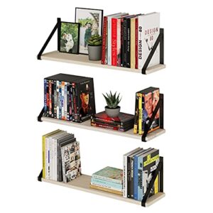wallniture bora floating shelves for wall storage, 24″x6″ floating bookshelf set of 3, natural wood wall shelves for living room, bedroom, bathroom, kitchen