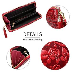 PIJUSHI Genuine Leather Wallets for Women Designer Floral Wristlet Wallet Ladies Clutch Purse with Tassel (20098 Red)