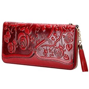 PIJUSHI Genuine Leather Wallets for Women Designer Floral Wristlet Wallet Ladies Clutch Purse with Tassel (20098 Red)