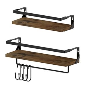 ditwis floating shelves with rail and towel bar, set of 2 rustic wall shelves for kitchen, coffee bar, bathroom including 4 hooks