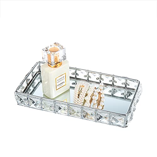 Feyarl Crystal Vanity Jewelry Trinket Tray Cosmetic Makeup Perfume Essential Oil Holder Display Organizer Storage with Anti-Scratch Real Glass Surface (8.66 x 4.33 x 1.29inch)