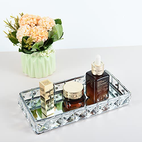 Feyarl Crystal Vanity Jewelry Trinket Tray Cosmetic Makeup Perfume Essential Oil Holder Display Organizer Storage with Anti-Scratch Real Glass Surface (8.66 x 4.33 x 1.29inch)