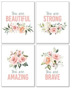 confetti fox girls inspirational words wall decor, pink floral modern art, positive motivational quotes, teen flowers affirmations typography posters (8×10 unframed set of 4 prints)