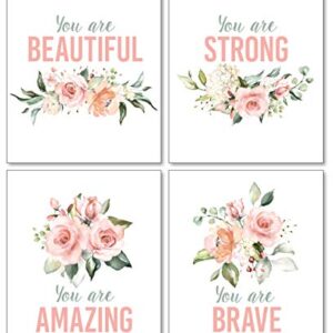 Confetti Fox Girls Inspirational Words Wall Decor, Pink Floral Modern Art, Positive Motivational Quotes, Teen Flowers Affirmations Typography Posters (8x10 Unframed Set of 4 Prints)