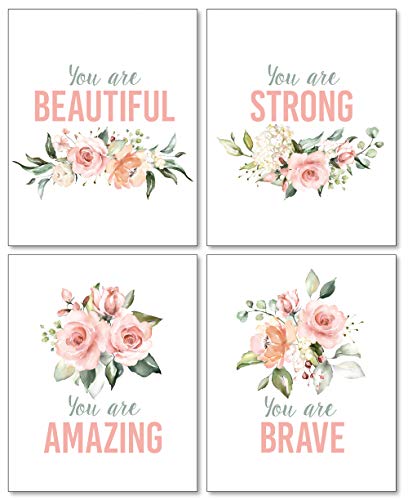 Confetti Fox Girls Inspirational Words Wall Decor, Pink Floral Modern Art, Positive Motivational Quotes, Teen Flowers Affirmations Typography Posters (8x10 Unframed Set of 4 Prints)