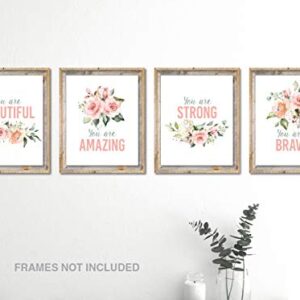 Confetti Fox Girls Inspirational Words Wall Decor, Pink Floral Modern Art, Positive Motivational Quotes, Teen Flowers Affirmations Typography Posters (8x10 Unframed Set of 4 Prints)