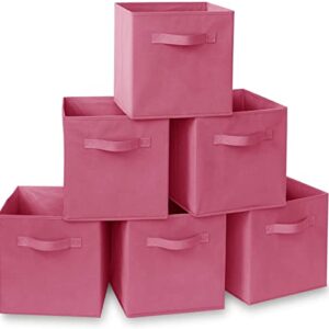 HOMESTO 11-Inch Fabric Foldable Storage Cubes Organizer with Handles - Collapsible Bins - Convenient for Organizing Clothes or Kids Toy Cubby (Pink, 6 Pack)