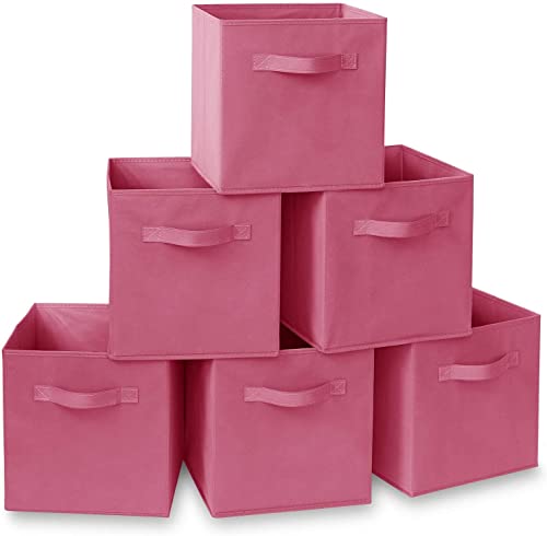 HOMESTO 11-Inch Fabric Foldable Storage Cubes Organizer with Handles - Collapsible Bins - Convenient for Organizing Clothes or Kids Toy Cubby (Pink, 6 Pack)