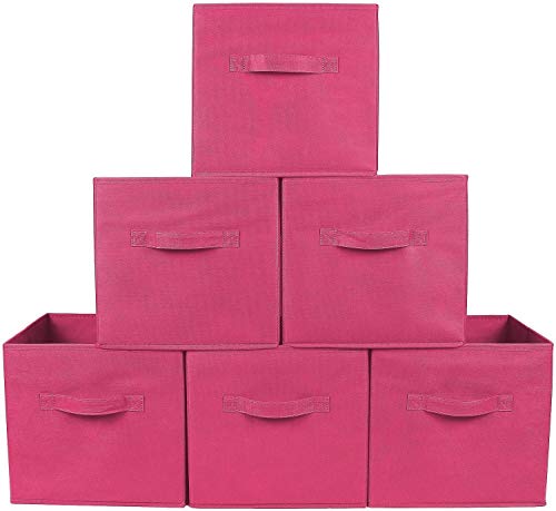 HOMESTO 11-Inch Fabric Foldable Storage Cubes Organizer with Handles - Collapsible Bins - Convenient for Organizing Clothes or Kids Toy Cubby (Pink, 6 Pack)