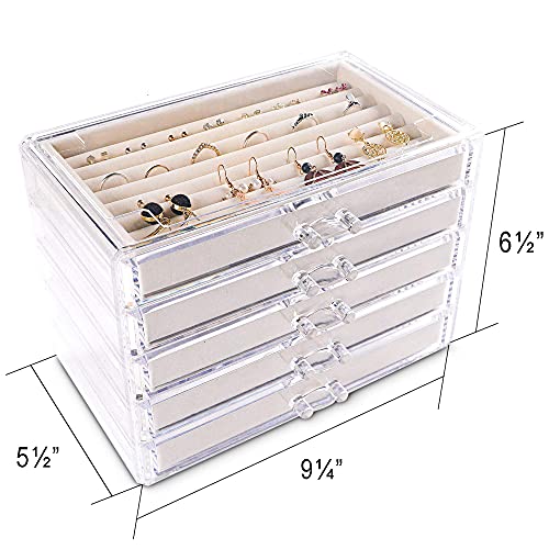 Frebeauty Extra Large Acrylic Jewelry Box for Women 5 Layers Clear Jewelry Organizer Velvet Earring Box with 5 Drawers Rings Display Case Necklaces Holder Tray for Women Girls (Beige)