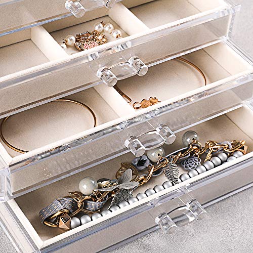 Frebeauty Extra Large Acrylic Jewelry Box for Women 5 Layers Clear Jewelry Organizer Velvet Earring Box with 5 Drawers Rings Display Case Necklaces Holder Tray for Women Girls (Beige)