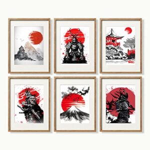 yumknow japanese art wall decor – unframed 8×10 set of 6, modern minimalist asian oriental decor for living room, samurai armor warriors prints posters for bedroom, japan red white art office gifts