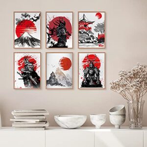 YUMKNOW Japanese Art Wall Decor - Unframed 8x10 Set of 6, Modern Minimalist Asian Oriental Decor for Living Room, Samurai Armor Warriors Prints Posters for Bedroom, Japan Red White Art Office Gifts