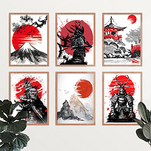 YUMKNOW Japanese Art Wall Decor - Unframed 8x10 Set of 6, Modern Minimalist Asian Oriental Decor for Living Room, Samurai Armor Warriors Prints Posters for Bedroom, Japan Red White Art Office Gifts