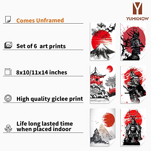 YUMKNOW Japanese Art Wall Decor - Unframed 8x10 Set of 6, Modern Minimalist Asian Oriental Decor for Living Room, Samurai Armor Warriors Prints Posters for Bedroom, Japan Red White Art Office Gifts