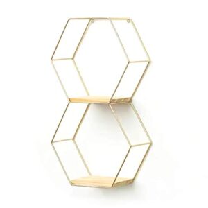 gold metal wire geometric hexagon floating shelf | two brass colored vertical honeycomb shaped hanging wall shelves | mid century style vanity shelf | 16 x 9.25 x 3.75 inches
