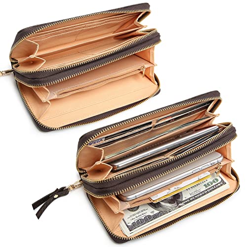 MARCO M KELLY Original Double Zipper Wristlet Wallet for Women - Small PU Leather handbag-Multi Pockets Clutch Purse (CF)