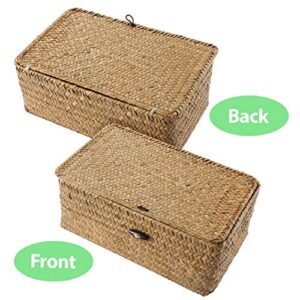 Straw Seaweed Woven Basket Rattan Storage Basket Desktop Multipurpose Storage Box with Lid for Desktop Home Decor