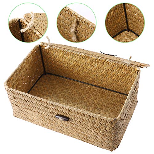 Straw Seaweed Woven Basket Rattan Storage Basket Desktop Multipurpose Storage Box with Lid for Desktop Home Decor