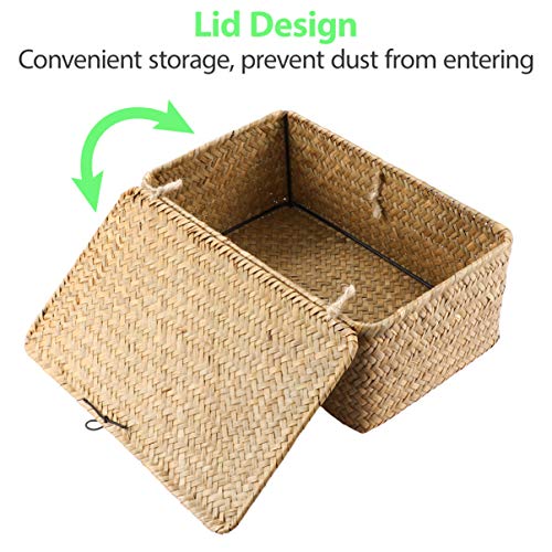 Straw Seaweed Woven Basket Rattan Storage Basket Desktop Multipurpose Storage Box with Lid for Desktop Home Decor