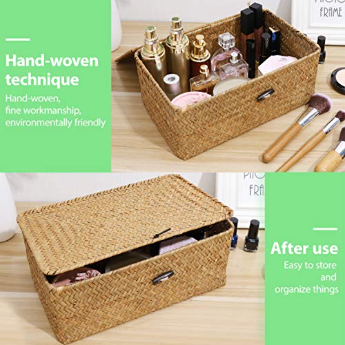 Straw Seaweed Woven Basket Rattan Storage Basket Desktop Multipurpose Storage Box with Lid for Desktop Home Decor