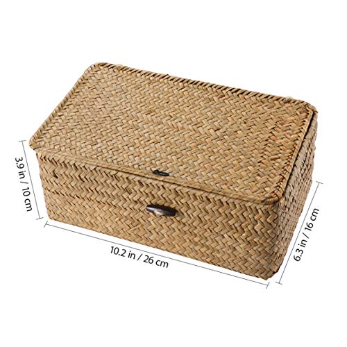 Straw Seaweed Woven Basket Rattan Storage Basket Desktop Multipurpose Storage Box with Lid for Desktop Home Decor