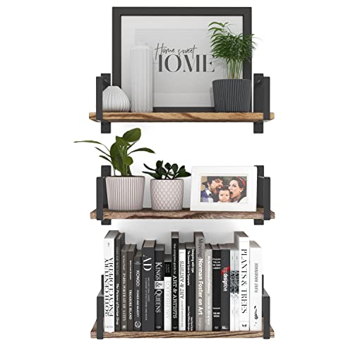 Wallniture Toledo Floating Shelves for Living Room Decor, Floating Bookshelf Set of 3, Burned Finish Rustic Wood Wall Shelves