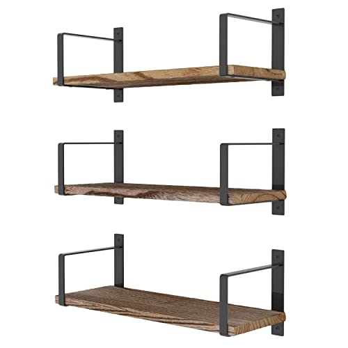 Wallniture Toledo Floating Shelves for Living Room Decor, Floating Bookshelf Set of 3, Burned Finish Rustic Wood Wall Shelves