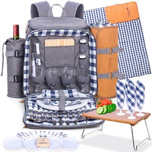 family picnic backpack for 4 – picnic backpack for 4 with folding table, insulated cooler compartment, wine holder, waterproof picnic bag with blanket and complete cutlery picnic set – gray