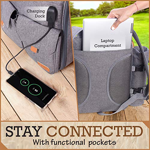Family Picnic Backpack for 4 - Picnic Backpack for 4 with Folding Table, Insulated Cooler Compartment, Wine Holder, Waterproof Picnic Bag with Blanket and Complete Cutlery Picnic Set - Gray