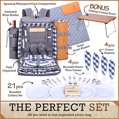 Family Picnic Backpack for 4 - Picnic Backpack for 4 with Folding Table, Insulated Cooler Compartment, Wine Holder, Waterproof Picnic Bag with Blanket and Complete Cutlery Picnic Set - Gray