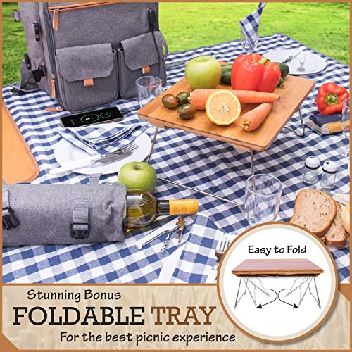 Family Picnic Backpack for 4 - Picnic Backpack for 4 with Folding Table, Insulated Cooler Compartment, Wine Holder, Waterproof Picnic Bag with Blanket and Complete Cutlery Picnic Set - Gray