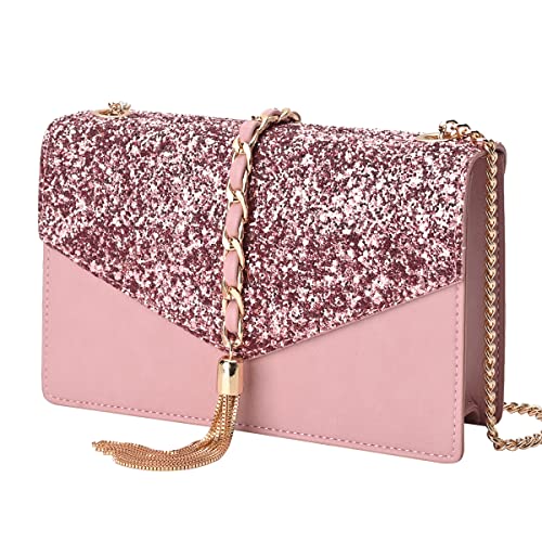 GM LIKKIE Crossbody Clutch Purse for Women, Glitter Evening Bag, Sequin Tassel Wedding Handbag for Party (Pink)