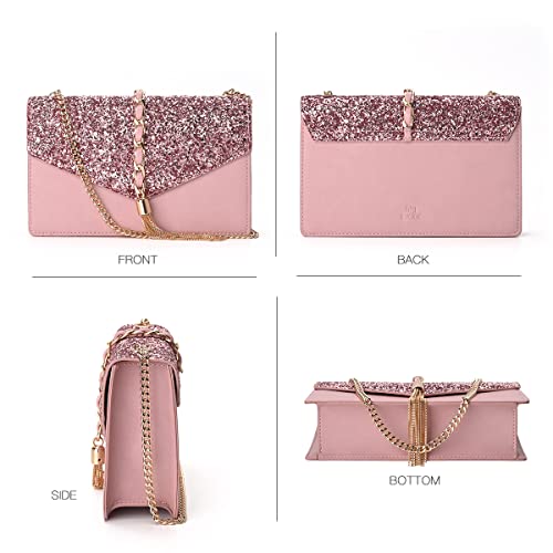 GM LIKKIE Crossbody Clutch Purse for Women, Glitter Evening Bag, Sequin Tassel Wedding Handbag for Party (Pink)