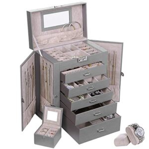 anwbroad large jewelry box 6 tier jewelry organizer box display storage case holder with lock mirror girls jewelry box for earrings rings necklaces bracelets gift faux leather ujjb004h