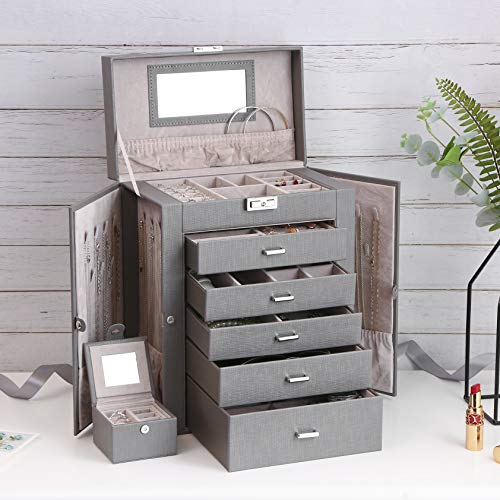 ANWBROAD Large Jewelry Box 6 Tier Jewelry Organizer Box Display Storage Case Holder with Lock Mirror Girls Jewelry Box for Earrings Rings Necklaces Bracelets Gift Faux Leather UJJB004H
