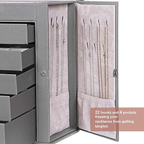 ANWBROAD Large Jewelry Box 6 Tier Jewelry Organizer Box Display Storage Case Holder with Lock Mirror Girls Jewelry Box for Earrings Rings Necklaces Bracelets Gift Faux Leather UJJB004H