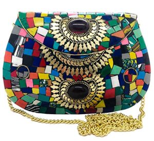 antique indian art handmade multi color stone mosaic metal bag women/girls bridal metal clutch party sling bag