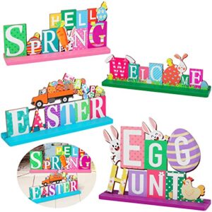 Fovths 4 Pack Easter Wooden Centerpiece Table Decorations Spring Table Decor Signs Tabletopper Centerpiece Signs for Easter Home Office Holiday Party Decorations