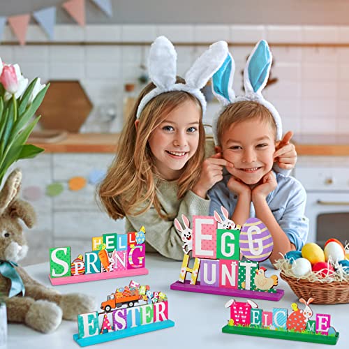 Fovths 4 Pack Easter Wooden Centerpiece Table Decorations Spring Table Decor Signs Tabletopper Centerpiece Signs for Easter Home Office Holiday Party Decorations