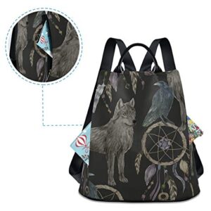 ALAZA Watercolor Black Raven and Wolf Boho Backpack Purse with Adjustable Straps for Woman Ladies