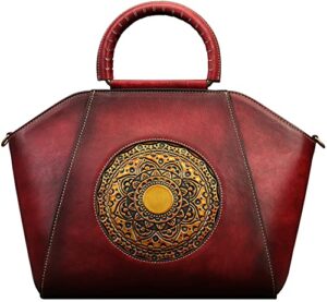 zhuoliang women genuine leather handbags, organizer retro vegetable tanning leather satchel vintage embossing totem shoulder bag