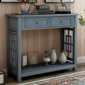 knocbel farmhouse 2-drawer console table for entryway, entry hallway foyer sofa side table with iron knobs & bottom shelf, 36″ l x 14″ w x 30″ h (antique navy)