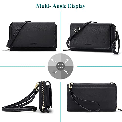 Peacocktion Women Wallet Purse Credit Card Holder with RFID, Large Capacity Crossbody Wristlet Clutch 2 Straps, Black