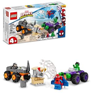 lego marvel hulk vs. rhino monster truck showdown, 10782 toy for kids, boys & girls age 4 plus with spider-man minifigure, spidey and his amazing friends series, easter gifts