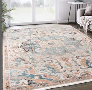 abani azure collection faded beige & blue 6’x9′ persian area rug – vintage style accent rug rugs