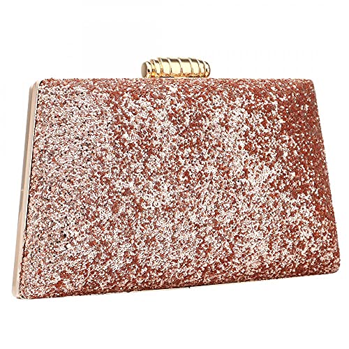 Sparkling Evening Bag Glitter Evening Handbag Party Clutch Shoulder Bag with Removable Chain (Rose gold)