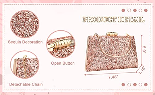 Sparkling Evening Bag Glitter Evening Handbag Party Clutch Shoulder Bag with Removable Chain (Rose gold)